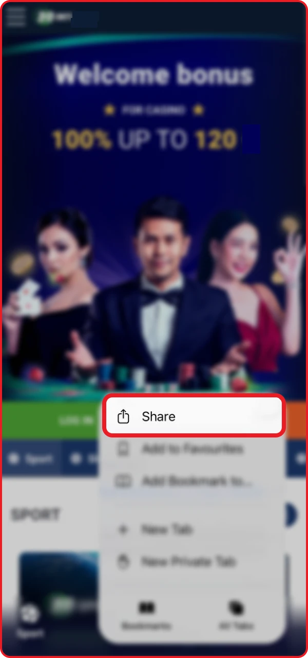Find the share button in your iOS phone browser to download the online casino with the Astronaut game.