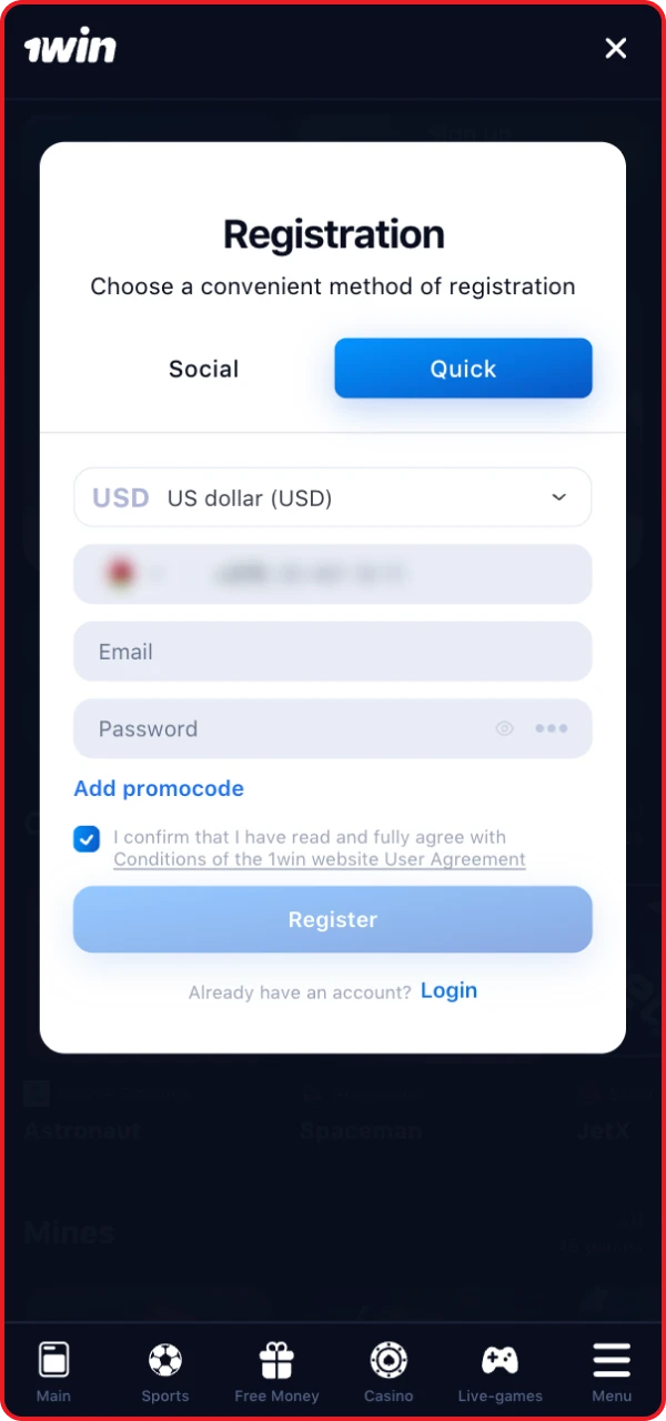 To start playing the Astronaut game in the online casino, you need to create an account.