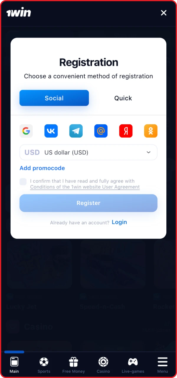 Choose a registration method at the online casino and fill in the required information.